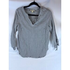 Michael Kors Blouse Womens Large Dark Grey Striped V Neck Wrist Tie 3/4 Sleeve